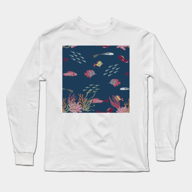 Fish, Coral, and Seaweed on Navy Condensed Long Sleeve T-Shirt by A2Gretchen